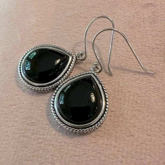 Sterling Silver Black Onyx Teardrop Dangle Earrings French Wire Classic - Picture 1 of 10